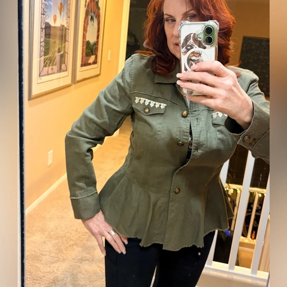 INC Linen Olive Green Women's Jacket - Peplum Waist - Large EUC Safari Style